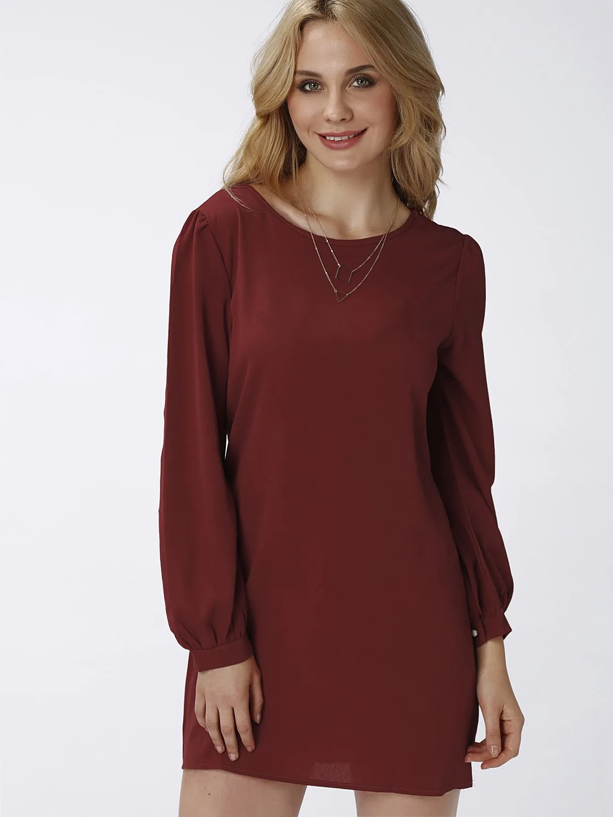 Wholesale Burgundy Round Neck Long Sleeve Plain Mini Dress