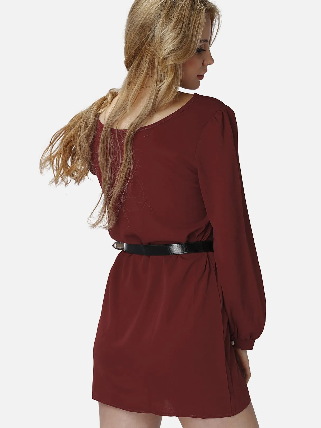Wholesale Burgundy Round Neck Long Sleeve Plain Mini Dress