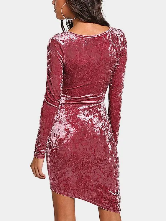 Wholesale Deep V-Neck Long Sleeve Crossed Front Pleated Irregular Hem Mini Dresses