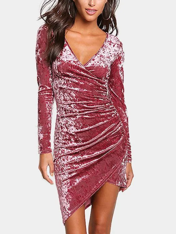 Wholesale Deep V-Neck Long Sleeve Crossed Front Pleated Irregular Hem Mini Dresses