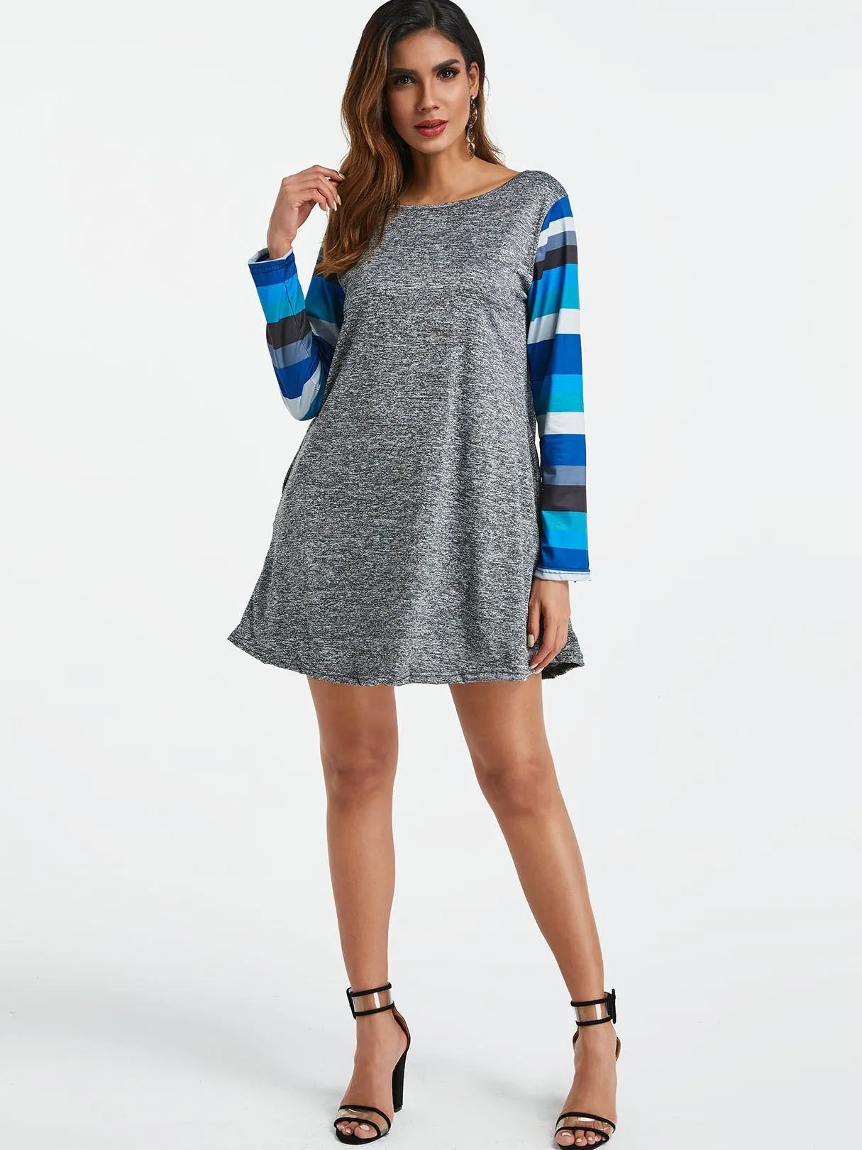 Wholesale Grey Round Neck Long Sleeve Stripe Mini Dress