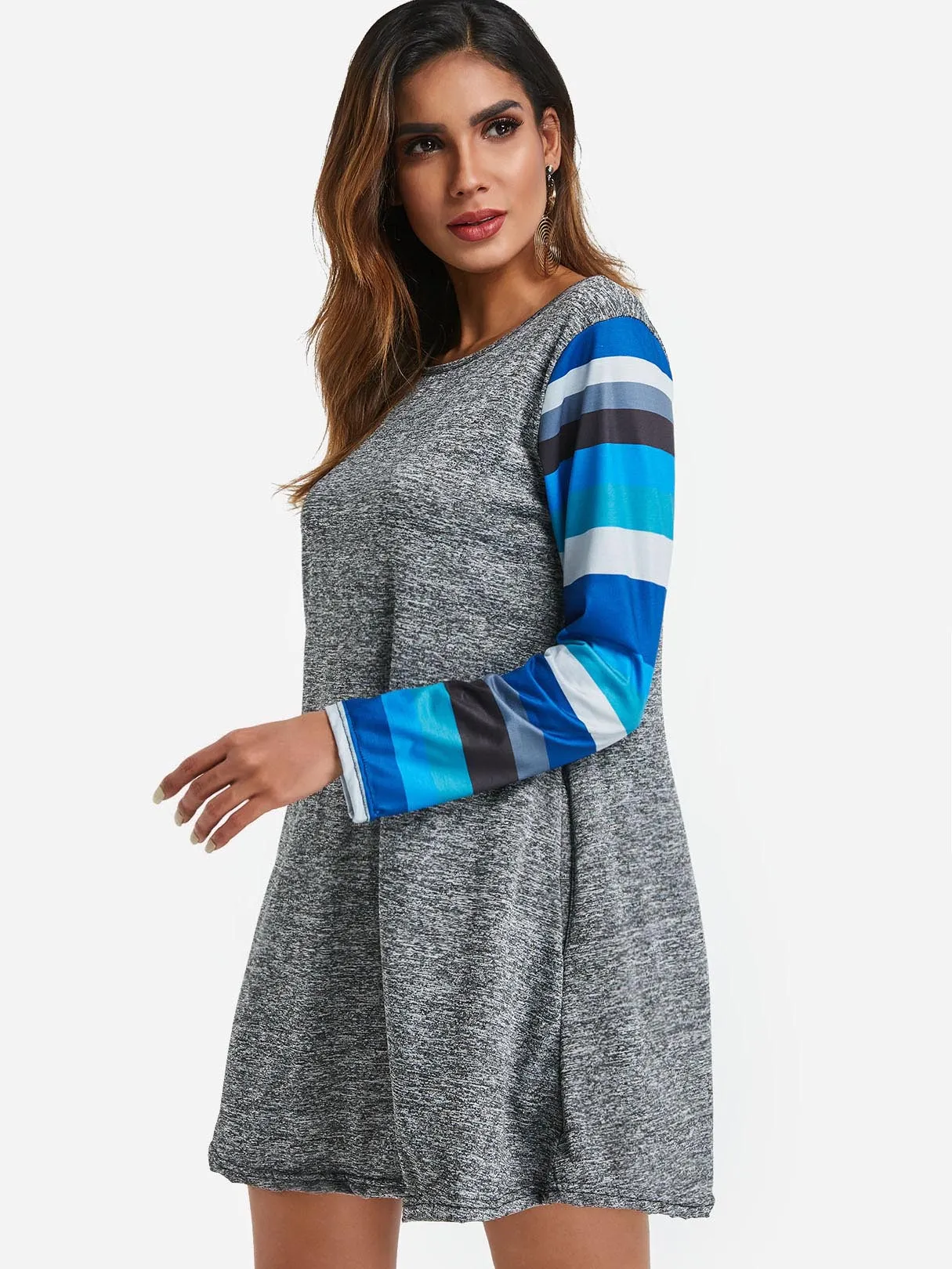 Wholesale Grey Round Neck Long Sleeve Stripe Mini Dress