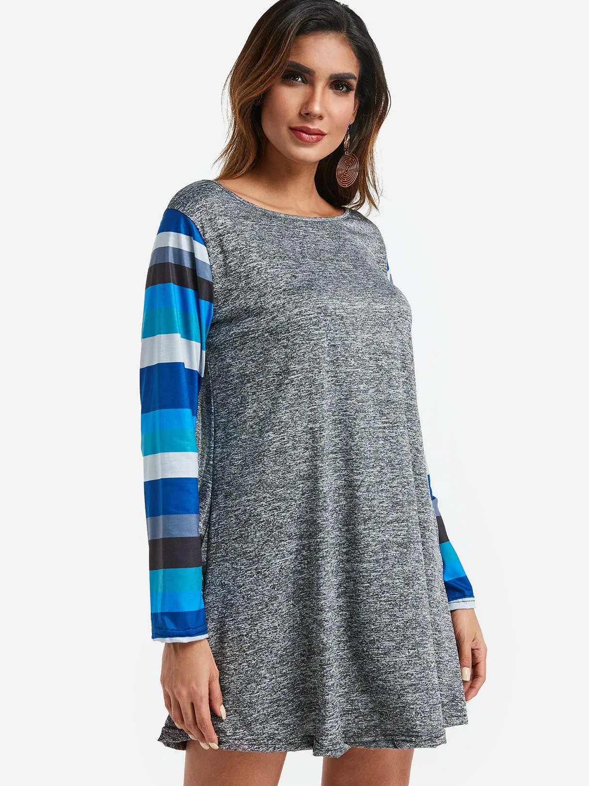 Wholesale Grey Round Neck Long Sleeve Stripe Mini Dress