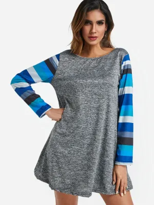 Wholesale Grey Round Neck Long Sleeve Stripe Mini Dress