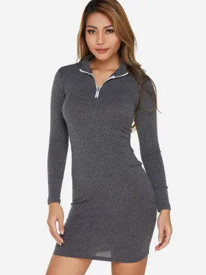 Wholesale Grey Round Neck V-Neck Long Sleeve Plain Zip Back Mini Dress