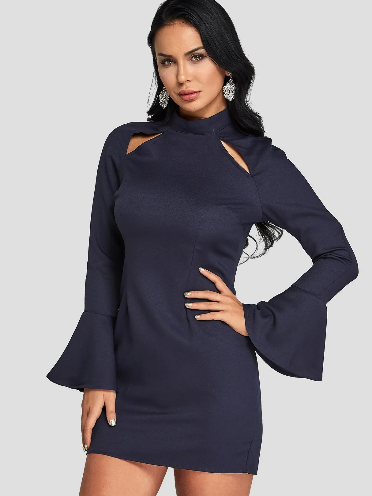 Wholesale Navy Long Sleeve Plain Cut Out Mini Dress