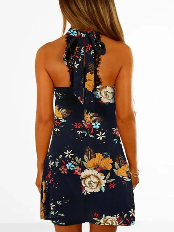 Wholesale Navy Sleeveless Floral Print Lace Zip Back Mini Dress