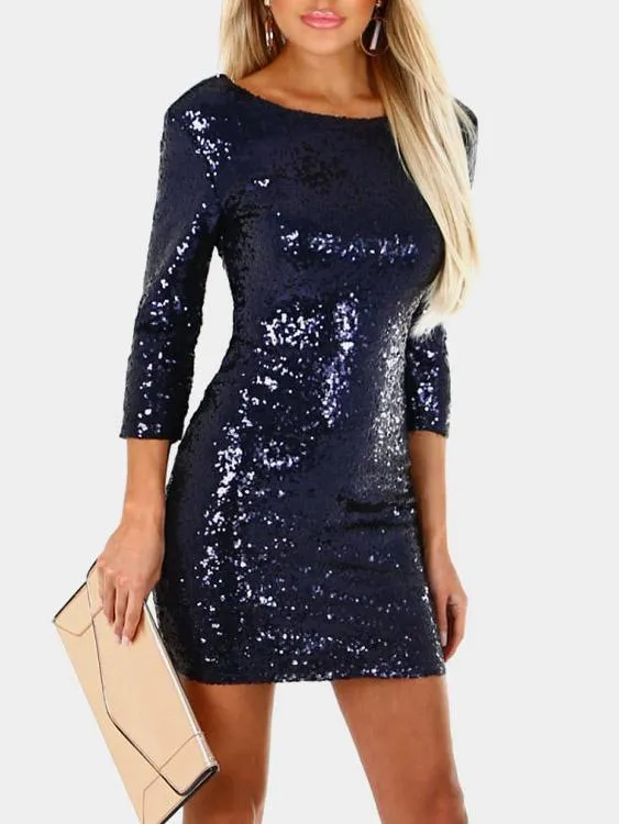 Wholesale Round Neck 3/4 Length Sleeve Zip Back Mini Dresses