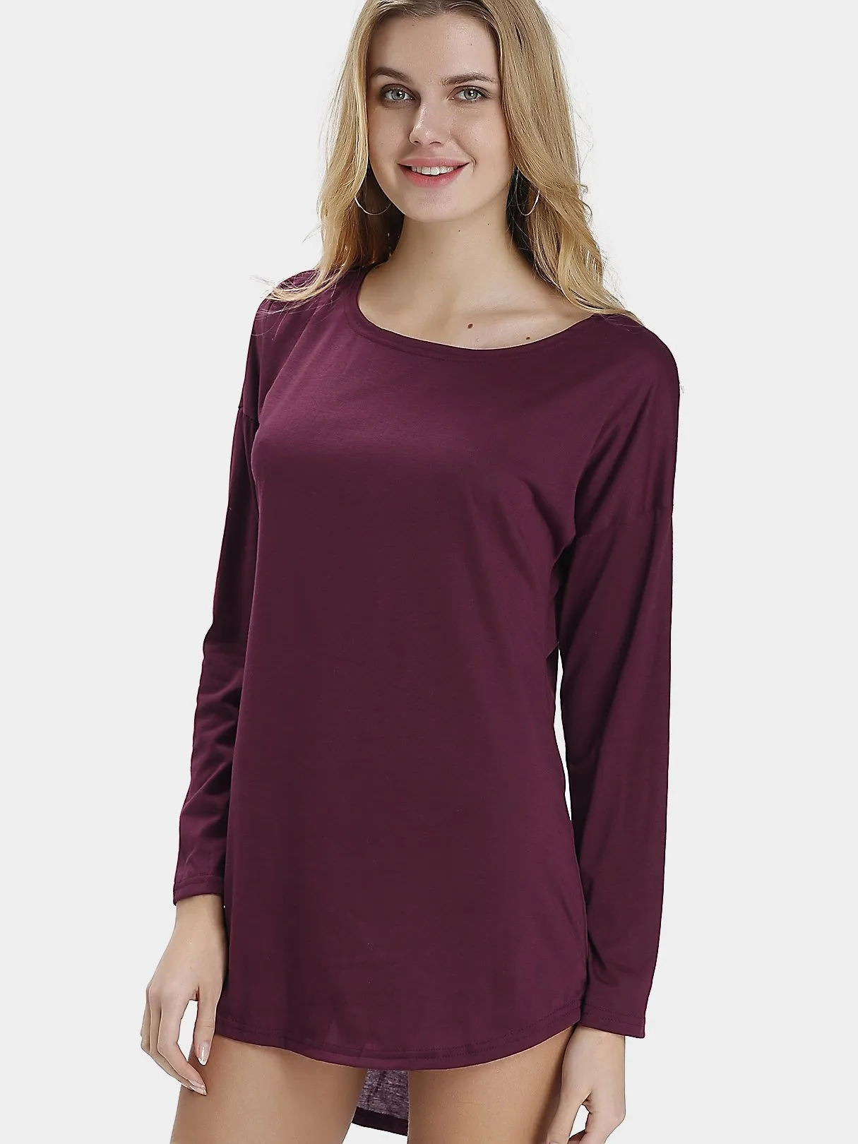 Wholesale Round Neck Long Sleeve Curved Hem Burgundy Mini Dress