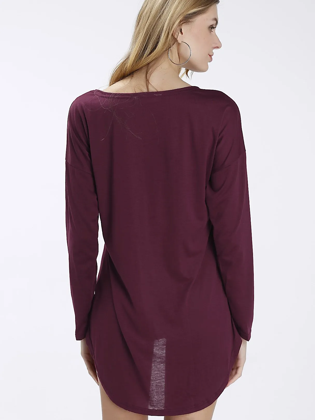 Wholesale Round Neck Long Sleeve Curved Hem Burgundy Mini Dress