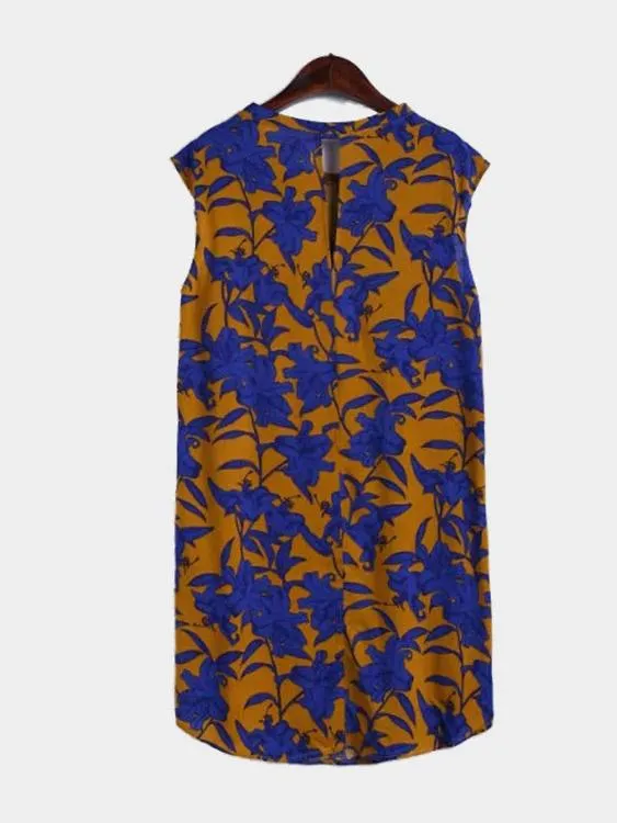 Wholesale Round Neck Sleeveless Floral Print Curved Hem Mini Dresses