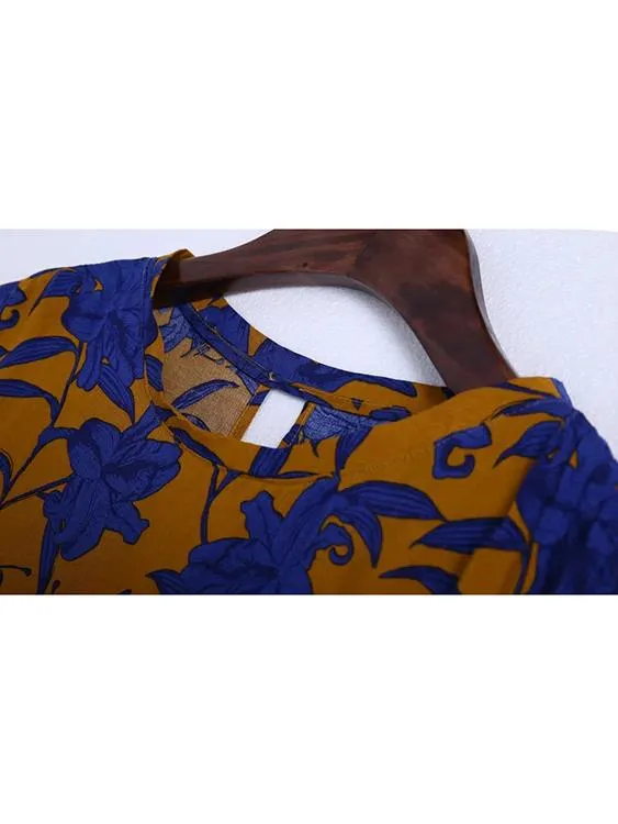 Wholesale Round Neck Sleeveless Floral Print Curved Hem Mini Dresses