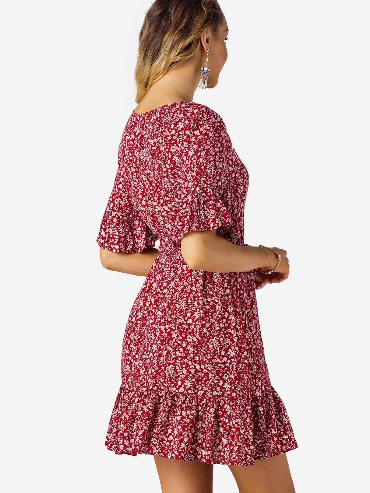 Wholesale Scoop Neck Half Sleeve Floral Print Self-Tie Ruffle Hem Mini Dresses