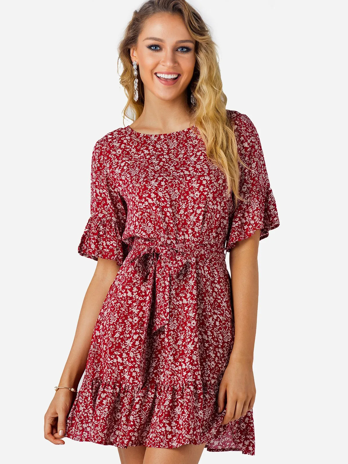 Wholesale Scoop Neck Half Sleeve Floral Print Self-Tie Ruffle Hem Mini Dresses