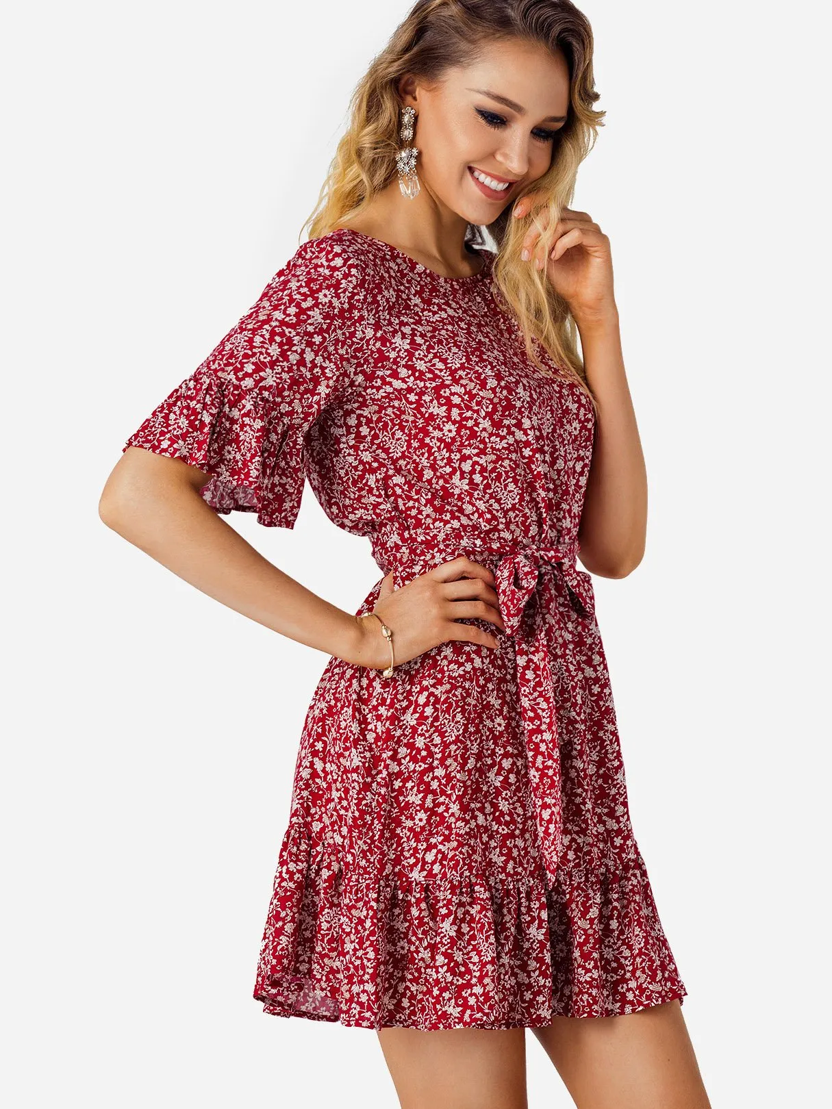 Wholesale Scoop Neck Half Sleeve Floral Print Self-Tie Ruffle Hem Mini Dresses