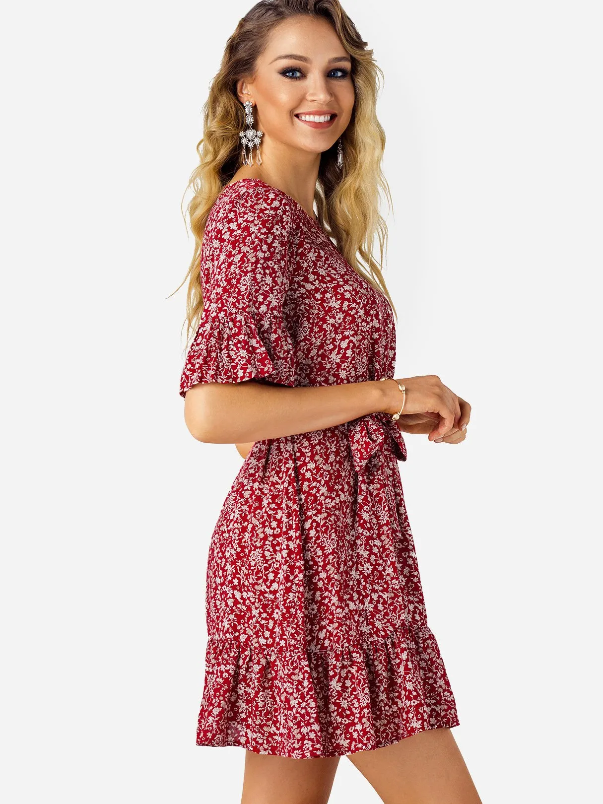 Wholesale Scoop Neck Half Sleeve Floral Print Self-Tie Ruffle Hem Mini Dresses