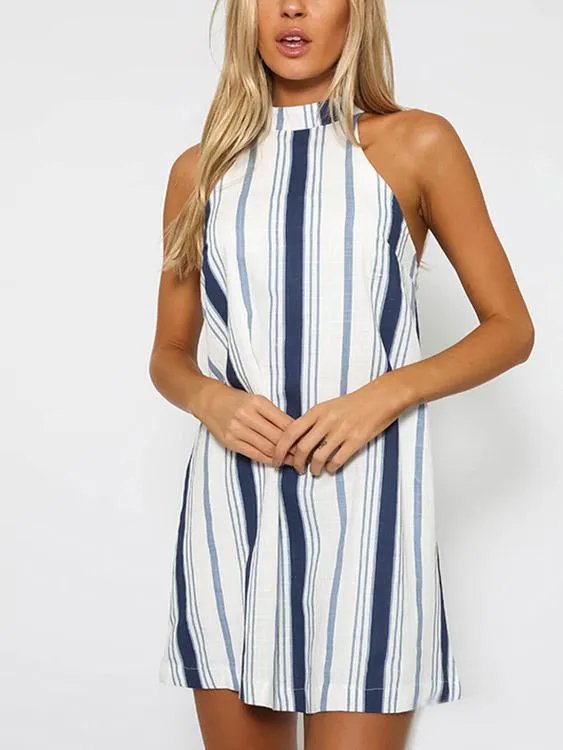 Wholesale Sleeveless Stripe Backless Mini Dresses